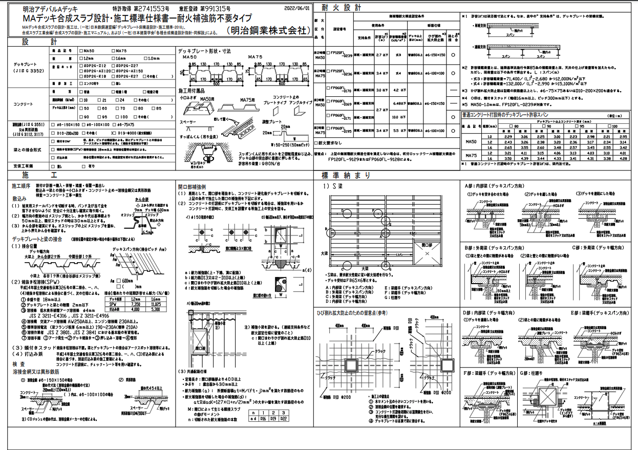 MAデッキ合成スラブ設計・施工標準仕様書－耐火補強筋不要タイプ